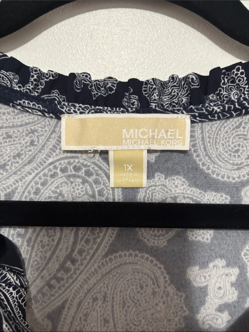 MICHAEL Michael Kors Navy Paisley Ruffle Sleeve Shift Dress Size 1X Plus